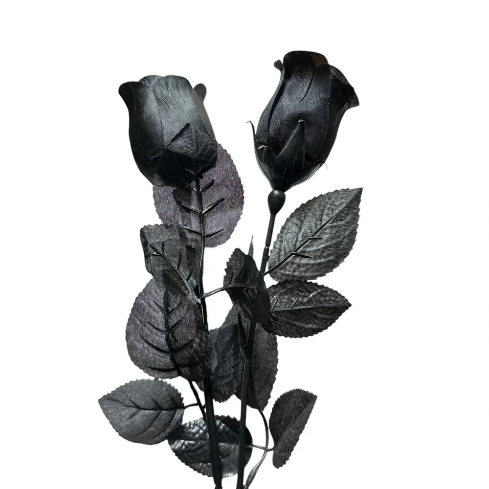 12 Artificial Black Rose Buds Long Stem Flowers - 7 with Purple Accent + 5 Solid